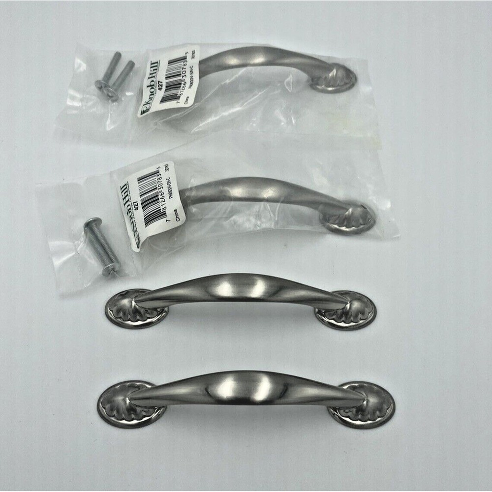 4 Brushed Nickel Cabinet Handles Drawer Pulls Hardware 3" / 4" Centers Knob Hill